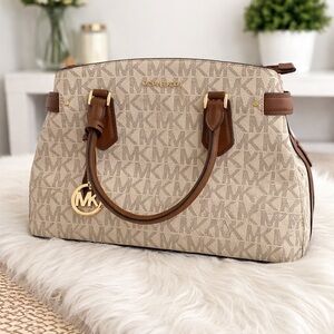 Michael Kors Lynn Large East West Satchel White & Brown Designer Minimalist